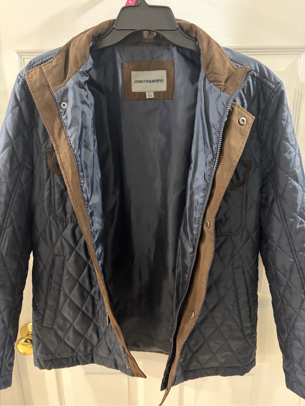 Johnston & Murphy Quilted Navy Jacket with Brown Trim - Picture 3 of 4